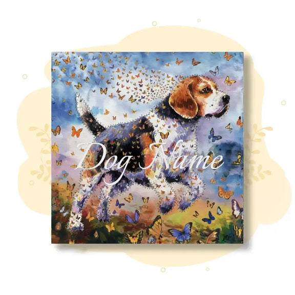 Beagle watercolor canvas painting with butterflies, capturing playful and curious nature in vibrant colors from Wings of Life Series.