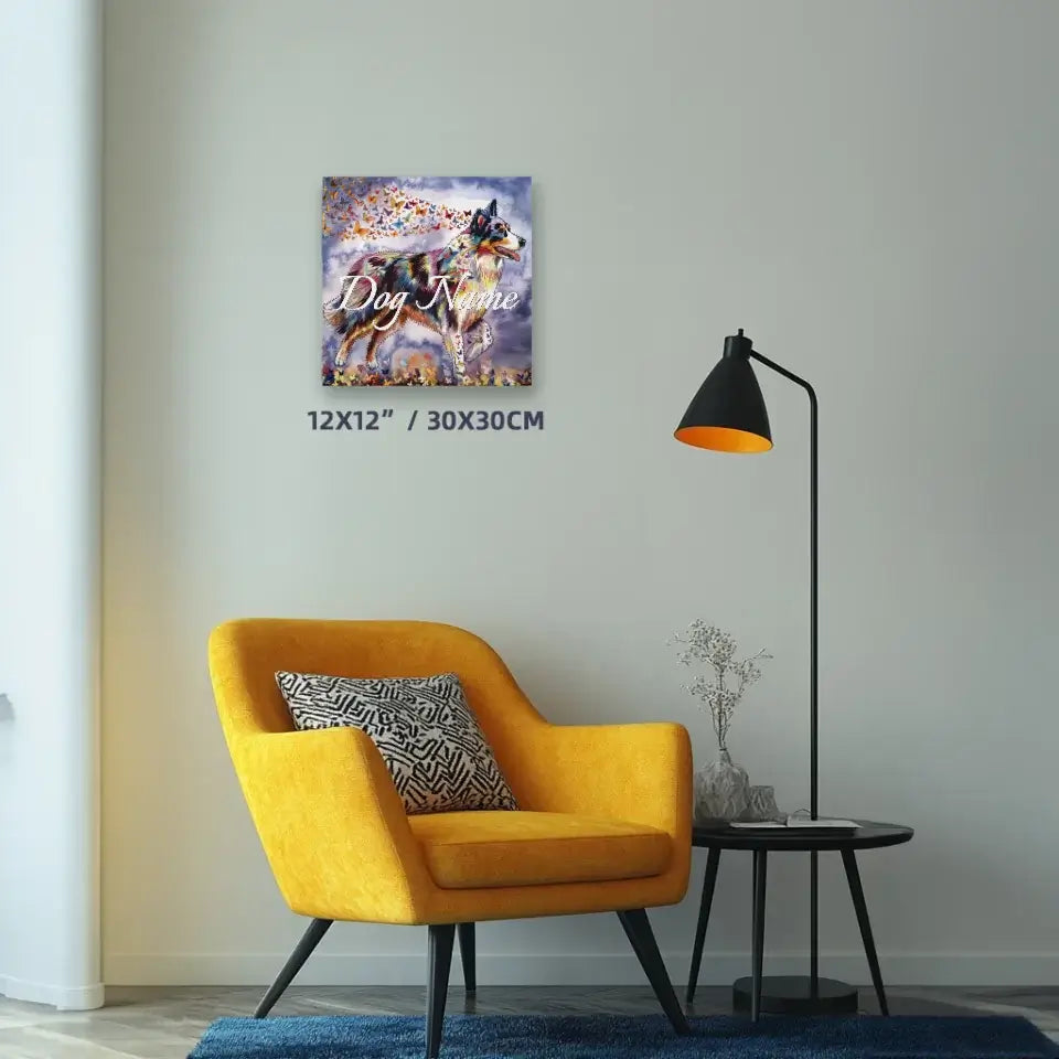 Australian Shepherd watercolor painting on canvas with butterflies, displayed on a wall above a yellow armchair in modern living room.