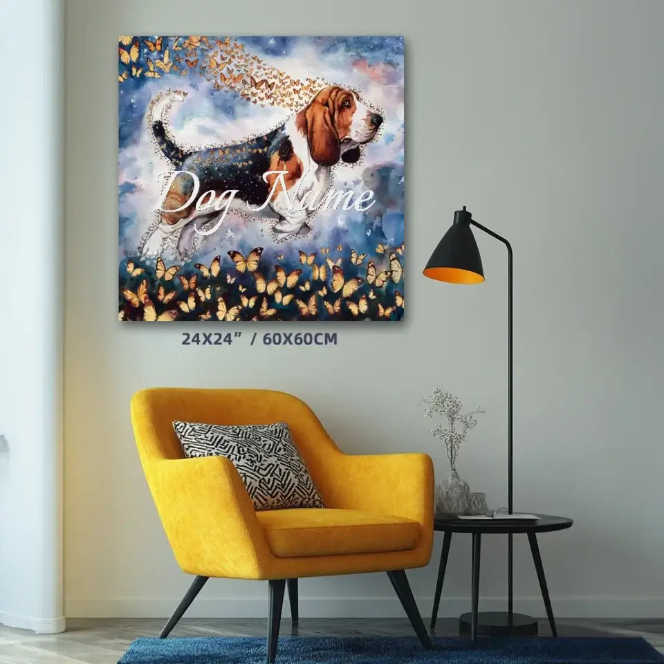 Basset Hound Watercolor Canvas Art with Butterflies from Wings of Life Series in Living Room Setting