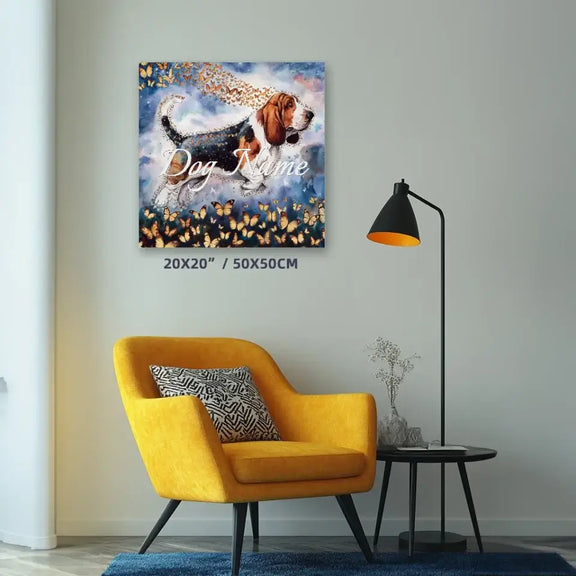 Basset Hound watercolor canvas art with butterflies in living room, part of Wings of Life Series.