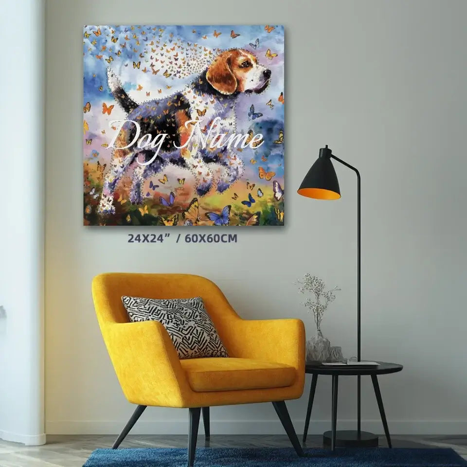 Beagle watercolor canvas painting with butterflies, showcasing playful, curious nature of the breed. 24x24 inches, interior decor.