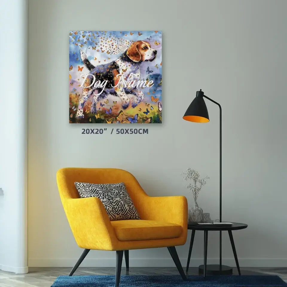 Beagle watercolor dog canvas painting with butterflies, titled "Wings of Life Series," displayed in a modern living room setting.