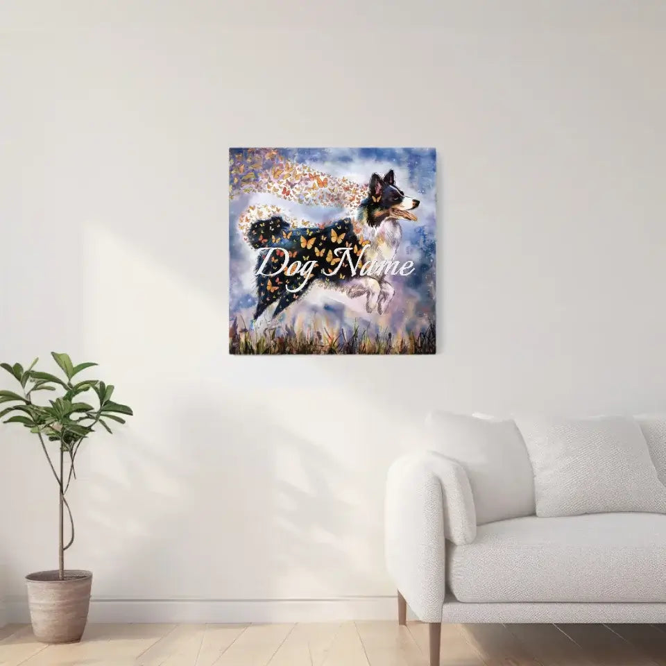 Border Collie watercolor canvas with butterflies, perfect for wall decor, capturing intelligence and energy in "Wings of Life" series.