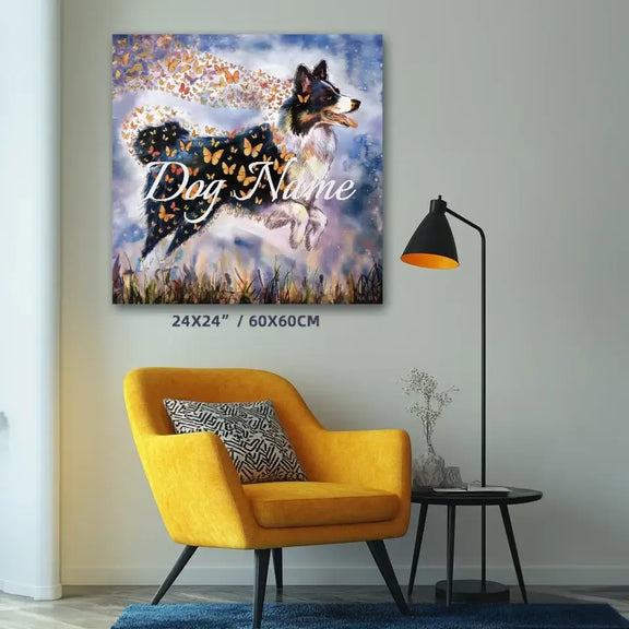 Border Collie canvas print with butterflies, wall decor in modern living room, 24x24 inches, Wings of Life Series artwork.