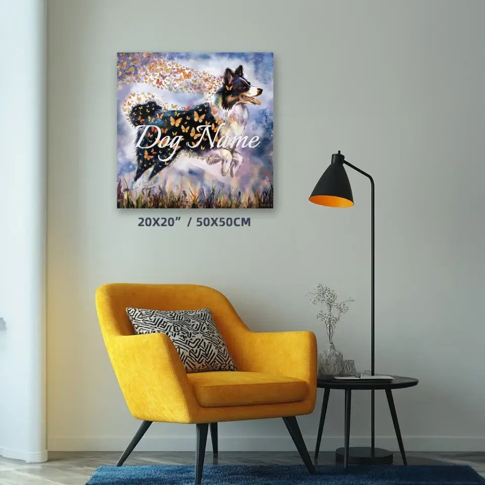 Border Collie canvas print with butterflies, decorative wall art in living room, dimensions 20x20 inches, 50x50 cm.