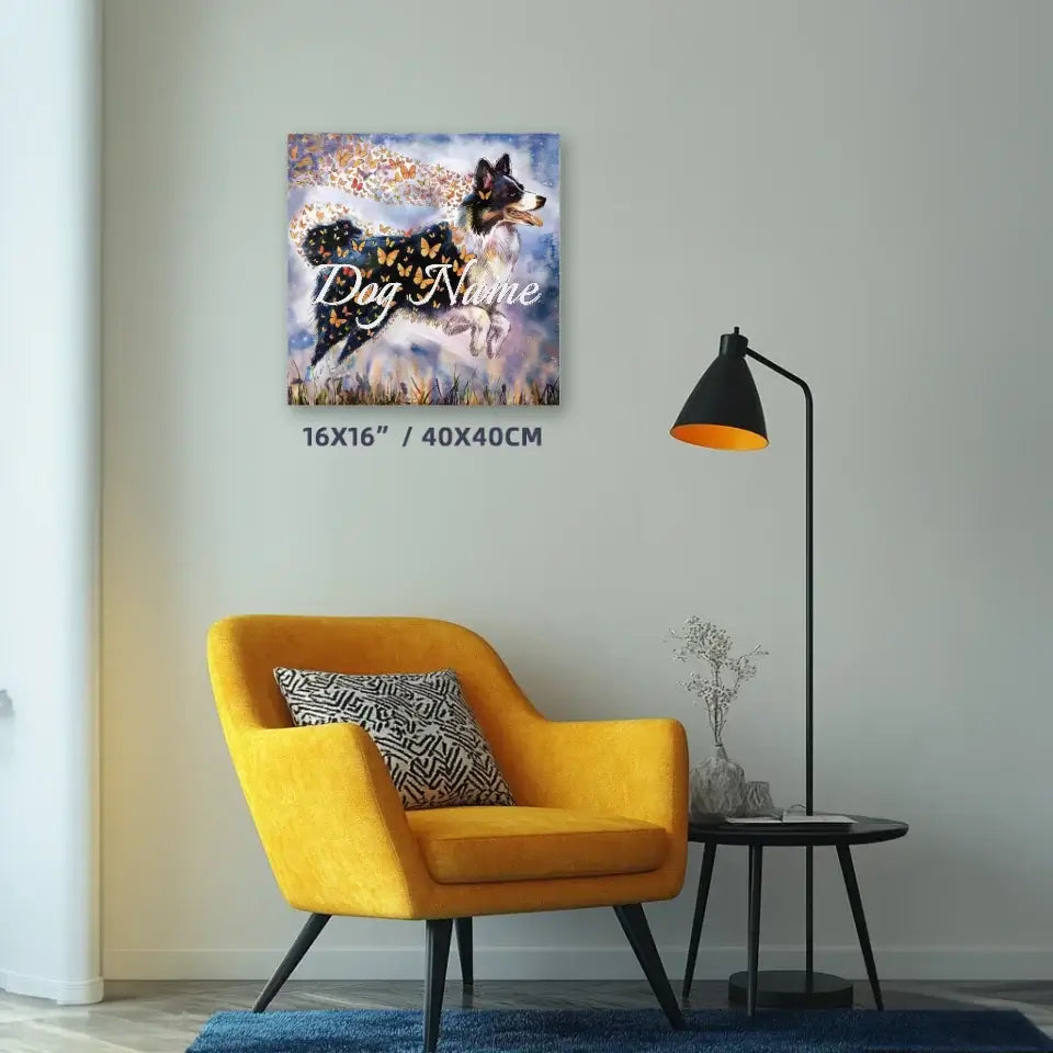 Border Collie canvas print with butterflies on modern wall, adding art and warmth to living room decor.