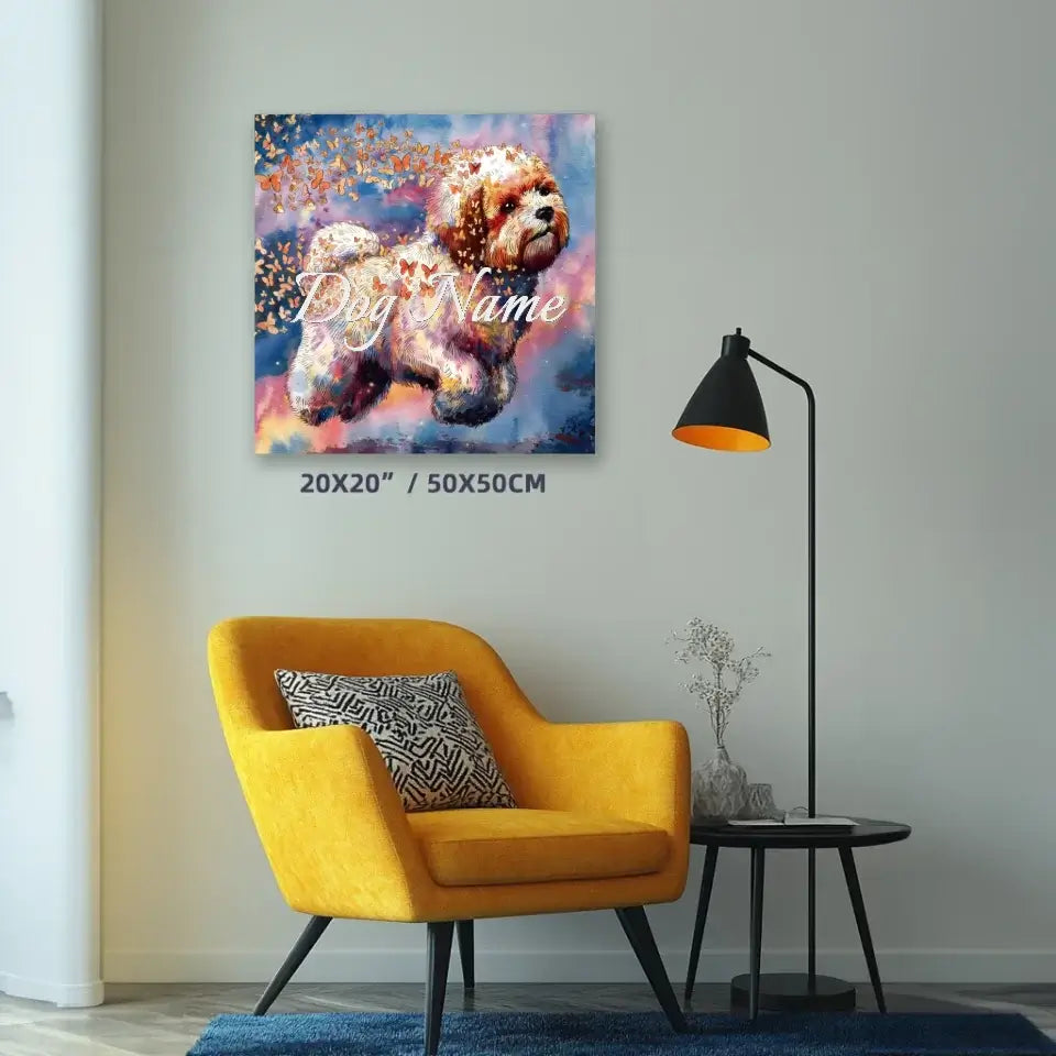 Bichon Frise canvas watercolor painting with butterflies, displayed in a modern living room.