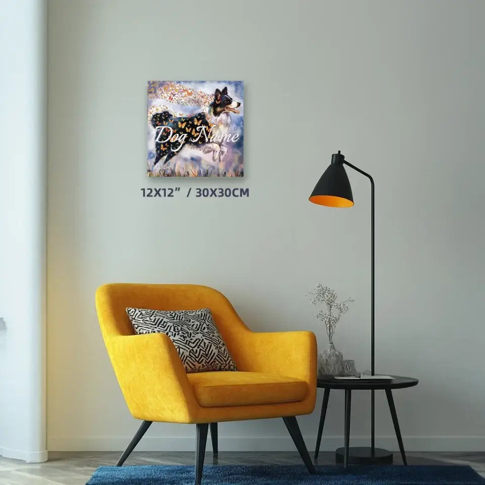 Border Collie watercolor canvas print with butterflies in modern living room decor.