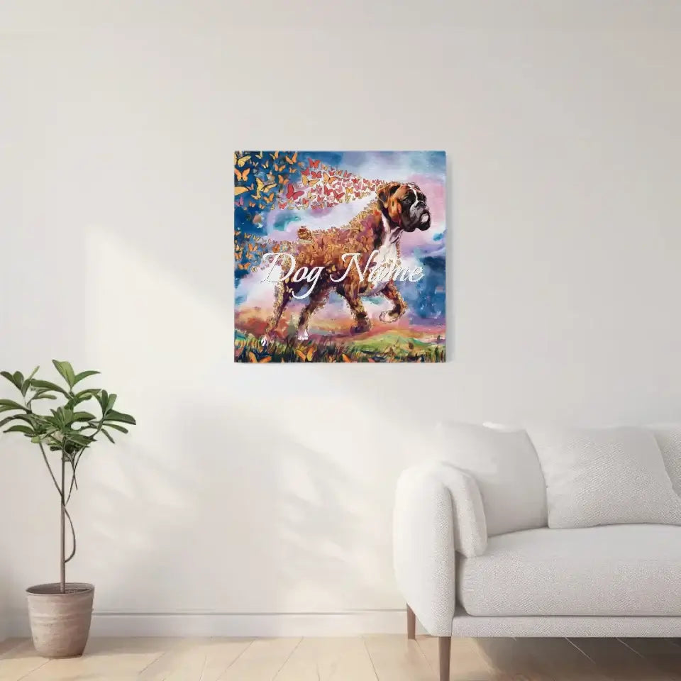 Colorful Boxer dog watercolor painting with butterflies, customizable with your pet’s name, from the "Wings of Life Series" on wall.