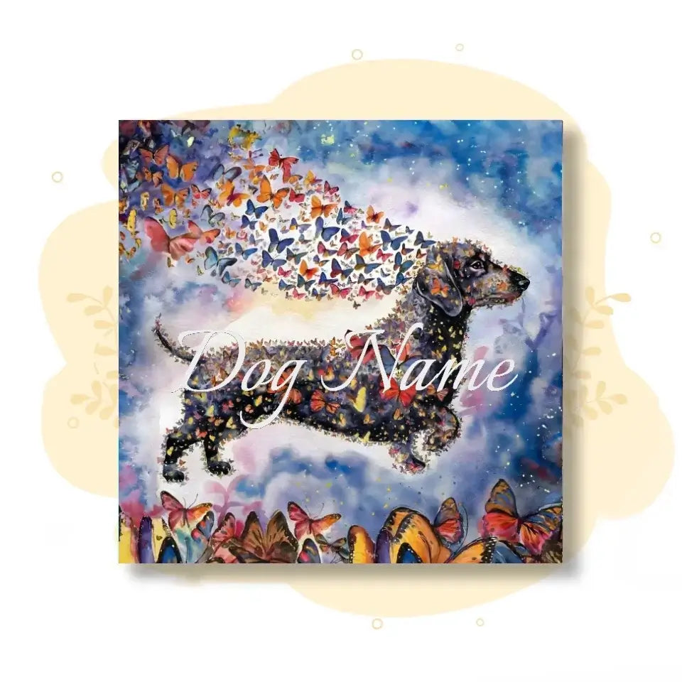 Watercolor Dachshund canvas with colorful butterflies, customizable with pet's name, from Wings of Life Series. Ideal gift or keepsake.