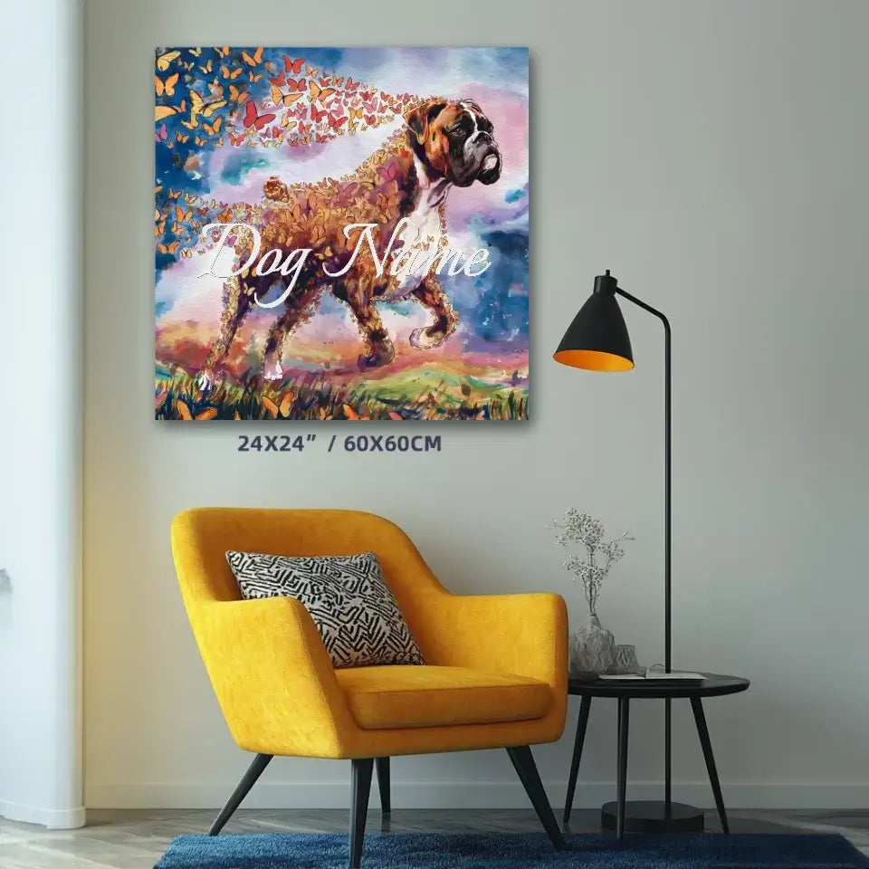 Colorful Boxer dog watercolor painting with butterflies, customizable with pet name, displayed in modern living room.