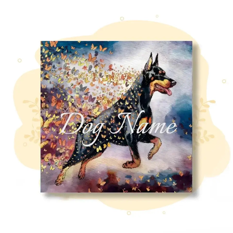 Doberman Pinscher watercolor art print with butterflies, customizable with your dog's name, from the Wings of Life Series.