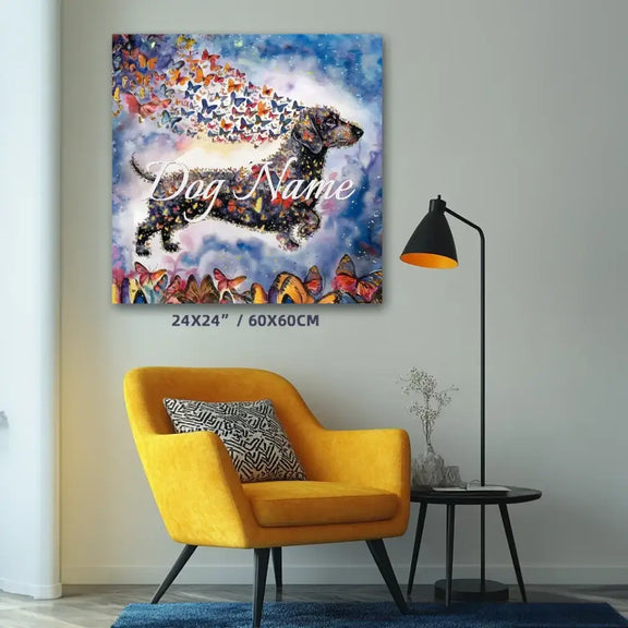 Vibrant Dachshund watercolor canvas with butterflies, personalized gift option in a modern living room setting.