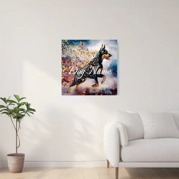 Watercolor Doberman Pinscher art print with butterflies, highlighting elegance and vitality, customizable with your dog's name.