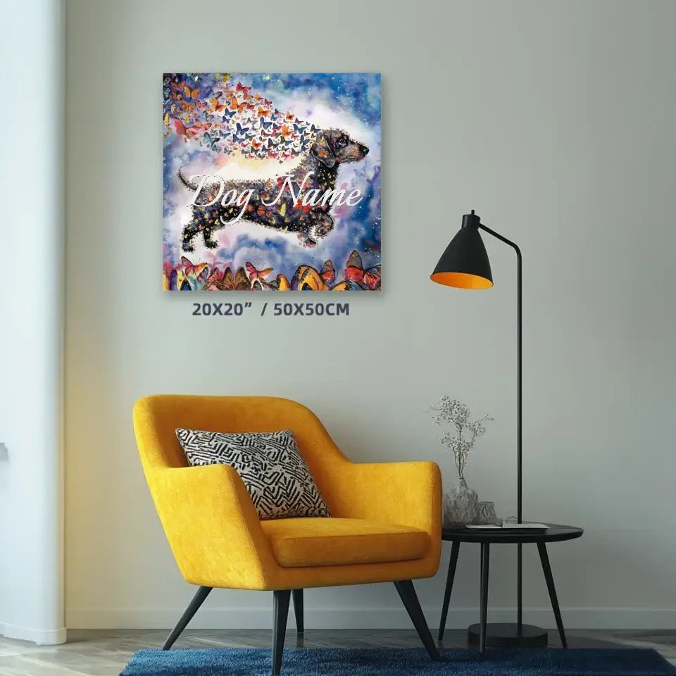 Watercolor canvas of Dachshund with butterflies, customizable with dog’s name, from the Wings of Life series, displayed in modern room.