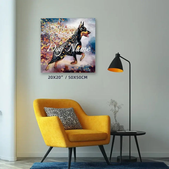 Doberman Pinscher watercolor art print with butterflies, personalized with dog's name, displayed in modern living room.