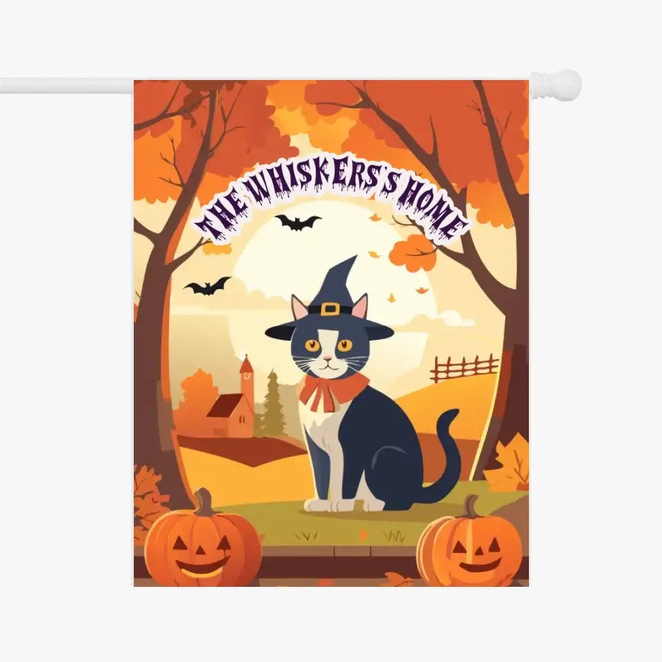 Halloween cat garden flag with witch cat and pumpkins, perfect for festive outdoor decor.