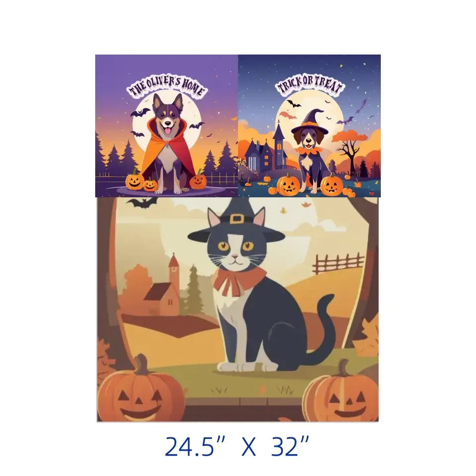 Personalized Halloween garden banner with dogs in costumes and a cat with pumpkins, measuring 24.5" x 32".