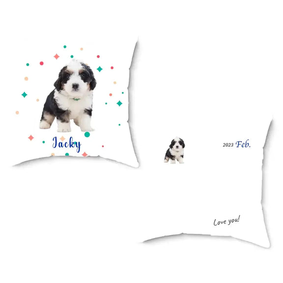 Personalized pet pillow featuring a photo of a puppy named Jacky with colorful design and a message saying "Love you!" on the back.