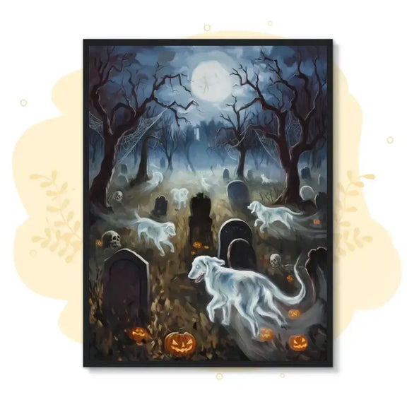 Ghostly dogs in graveyard under full moon, Canine Spirits Halloween framed poster, eerie ambiance with pumpkins and tombstones.