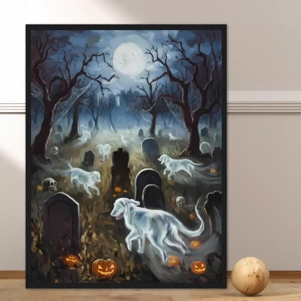 Ghostly dogs roam a spooky graveyard under a full moon in the Canine Spirits Halloween framed poster.