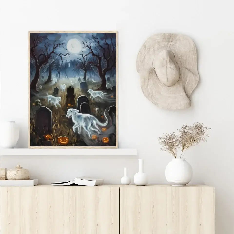 Halloween dog poster with ghostly dogs in a spooky graveyard under a full moon.