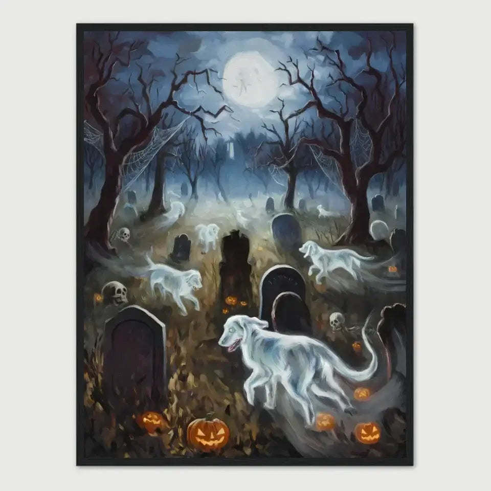 Ghostly dogs roam a Halloween graveyard under a full moon, featuring pumpkins and tombstones in an eerie framed poster artwork.