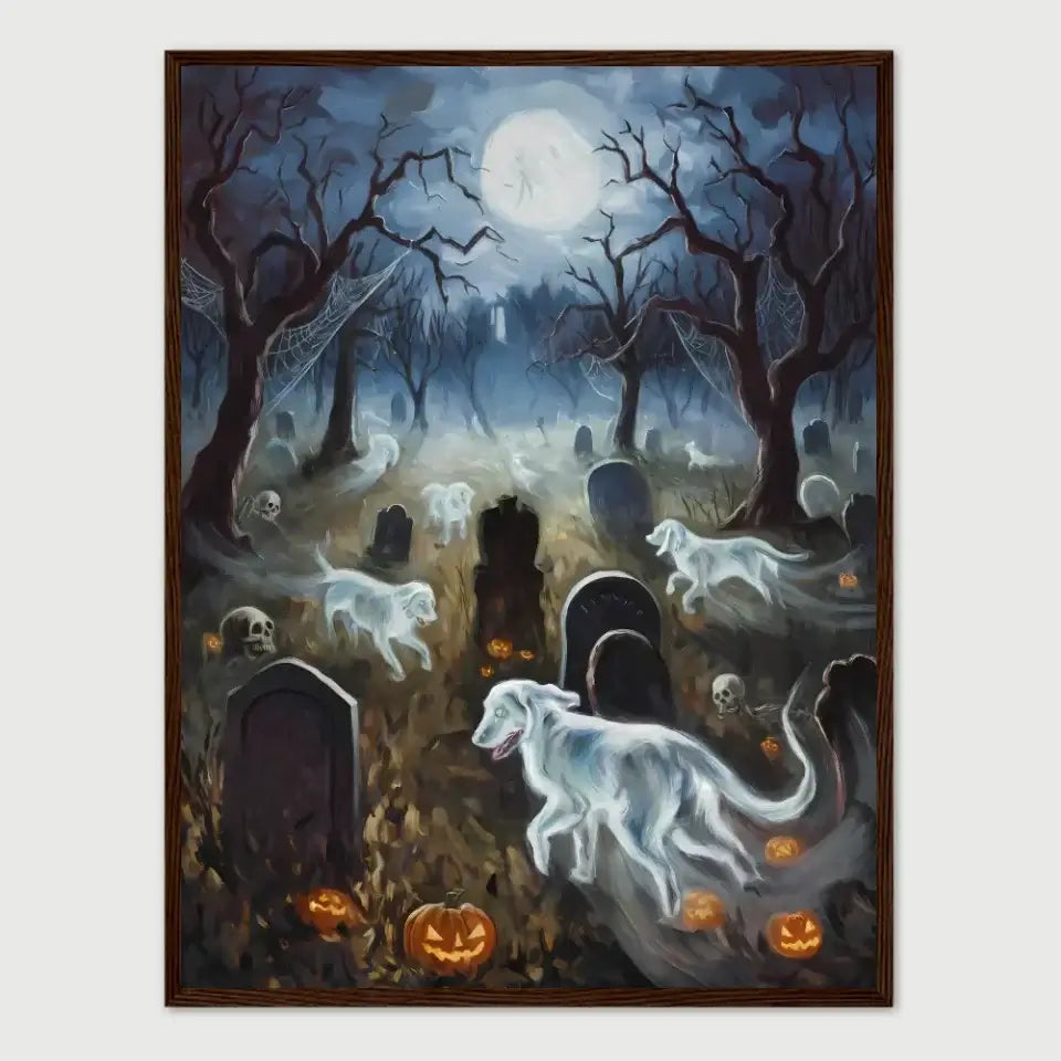 Ghostly dogs in graveyard under full moon Halloween poster