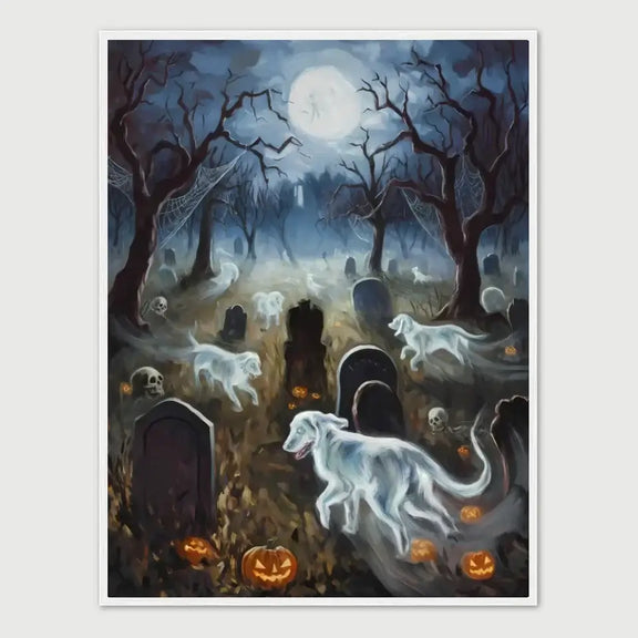 Halloween dog poster with ghostly dogs roaming a spooky graveyard under a full moon, surrounded by pumpkins and tombstones.