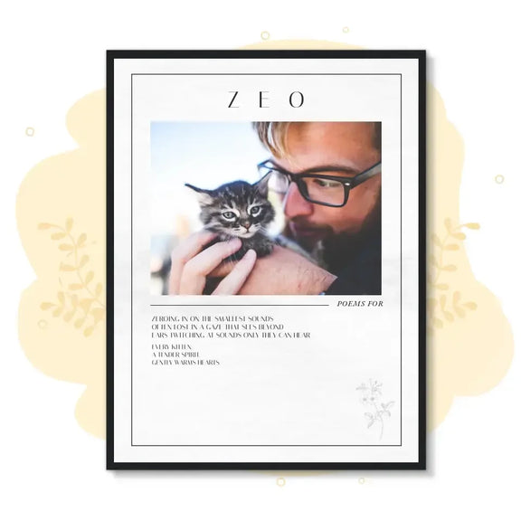 Personalized cat photo poem frame featuring a kitten cuddle, perfect for cat owners to celebrate milestones and memories.