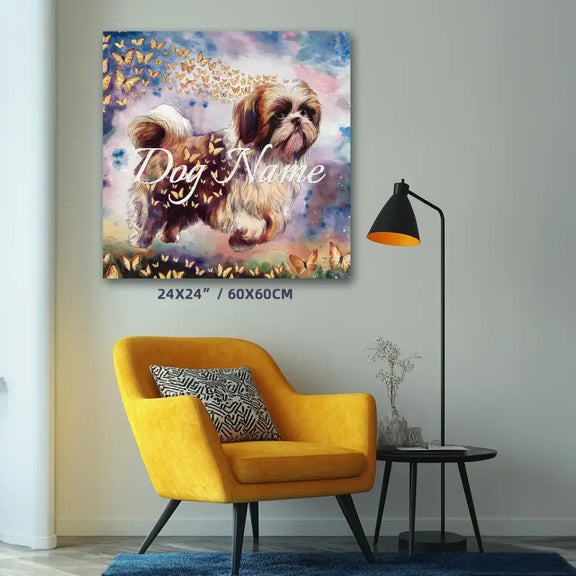 Shih Tzu watercolor painting with butterflies, 24x24 canvas, "Wings of Life Series" wall art, colorful and detailed dog artwork for home decor.