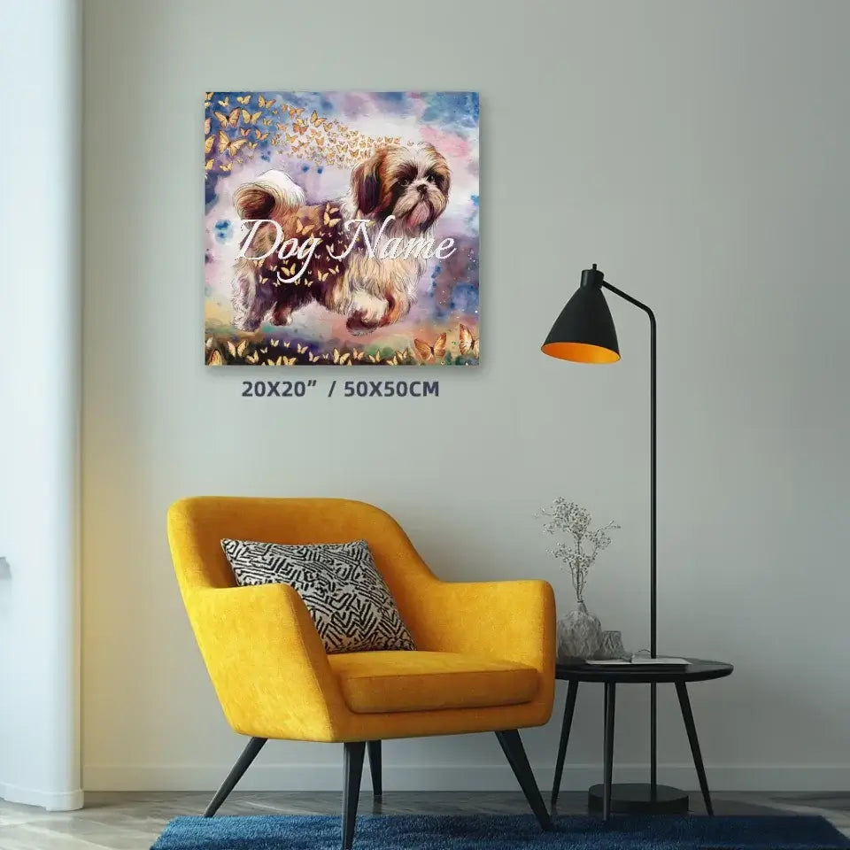 Shih Tzu watercolor painting with butterflies, 20x20 inch canvas, wall decor in a room with yellow chair and lamp.