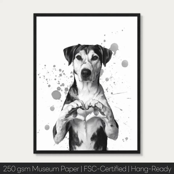 Heartfelt framed dog art print - Canine forming heart with paws, on FSC-certified 250 gsm Museum paper, hang-ready.