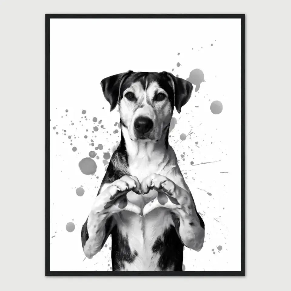 Framed print of a dog forming a heart with its paws, symbolizing loyalty and affection. Elegant dog art capturing the bond between pet and owner.