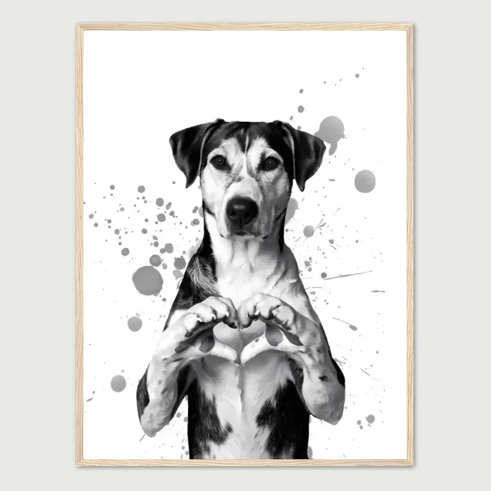 Framed print of a dog forming a heart with its paws, representing love and loyalty, set against a splattered background.