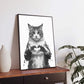 Monochrome art of a cat forming a heart with paws, framed and displayed, capturing feline affection and mystery.