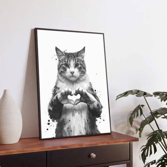 Monochrome art of a cat forming a heart with paws, framed and displayed, capturing feline affection and mystery.