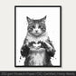 Feline Heart framed print featuring a cat forming a heart with its paws, in monochrome with expressive brush strokes.