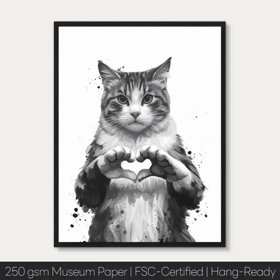 Feline Heart framed print featuring a cat forming a heart with its paws, in monochrome with expressive brush strokes.