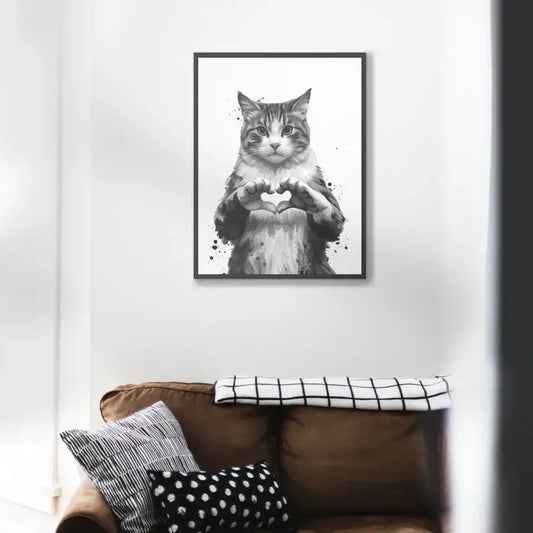 Monochrome framed print of a cat forming a heart with paws, showcasing Feline Heart's artful and elegant design on a cozy wall.