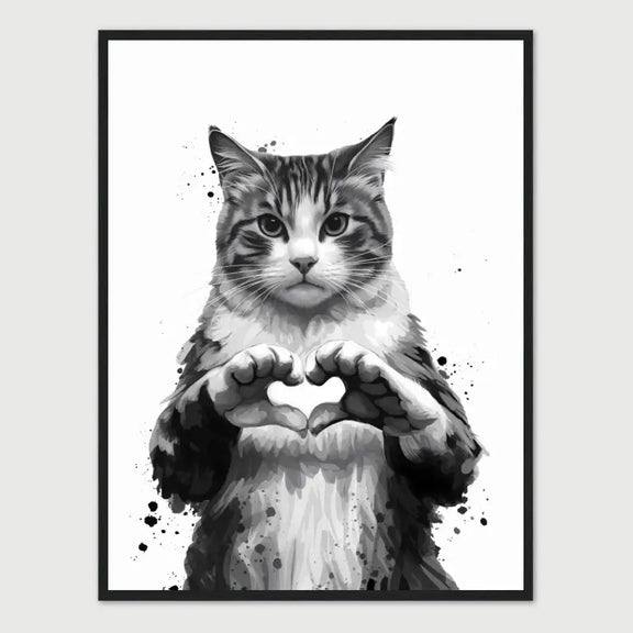 Monochrome framed print of a cat creating a heart with its paws, embodying the subtle connection and spirit of feline affection.