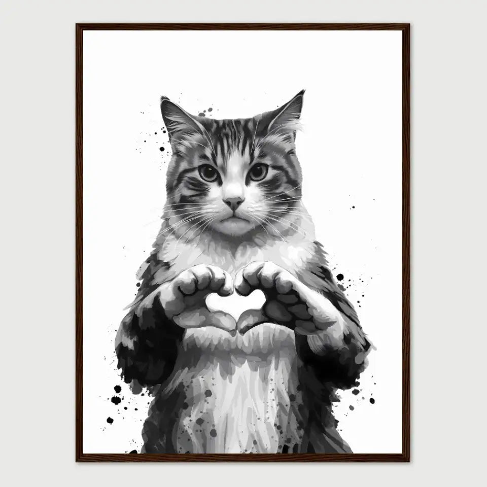 Monochrome framed print of a cat forming a heart with its paws, showcasing artistic brush strokes and feline affection.