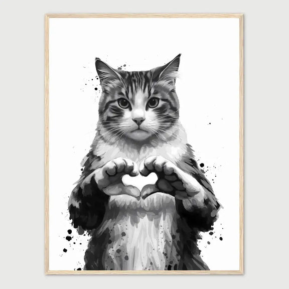 Framed monochrome art of a cat forming a heart with its paws, showcasing feline affection with expressive brush strokes.