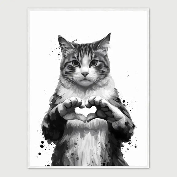 Monochrome framed art print of a cat forming a heart with its paws, conveying deep affection and enigmatic feline spirit.