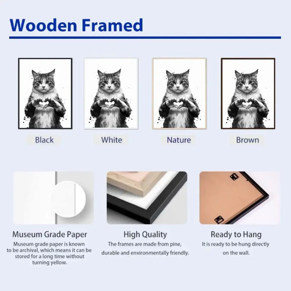 "Feline Heart framed prints in black, white, nature, and brown options with high-quality museum grade paper and ready to hang feature."