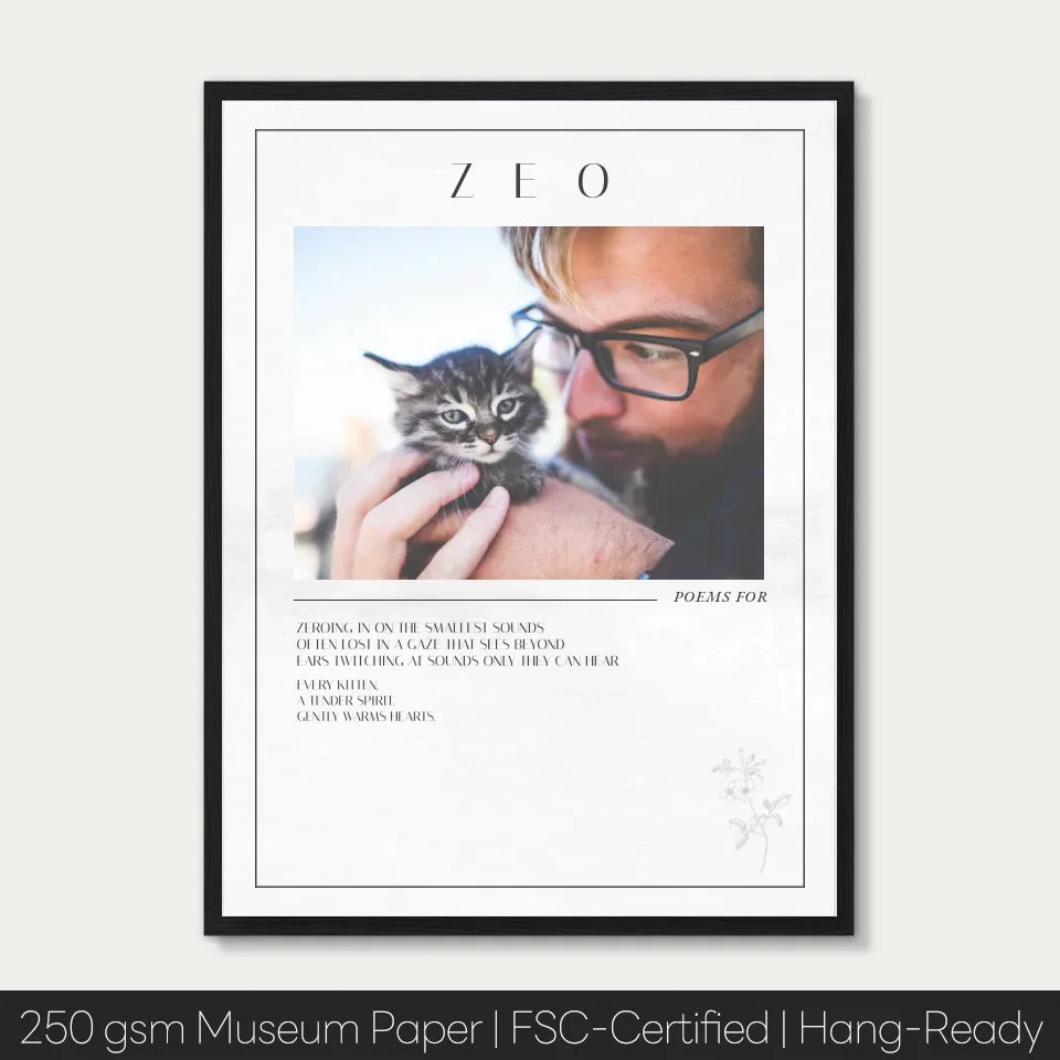 Personalized cat photo poem frame featuring an adorable kitten cuddle, customizable for special memories and new cat owners.