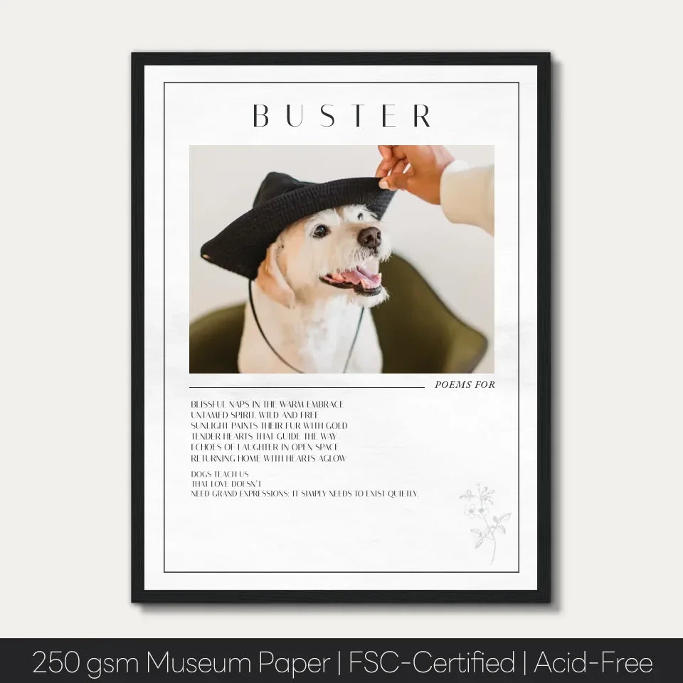 Custom dog name poem frame featuring a happy dog in a hat, personalized with a touching poem for pet tribute or gift.