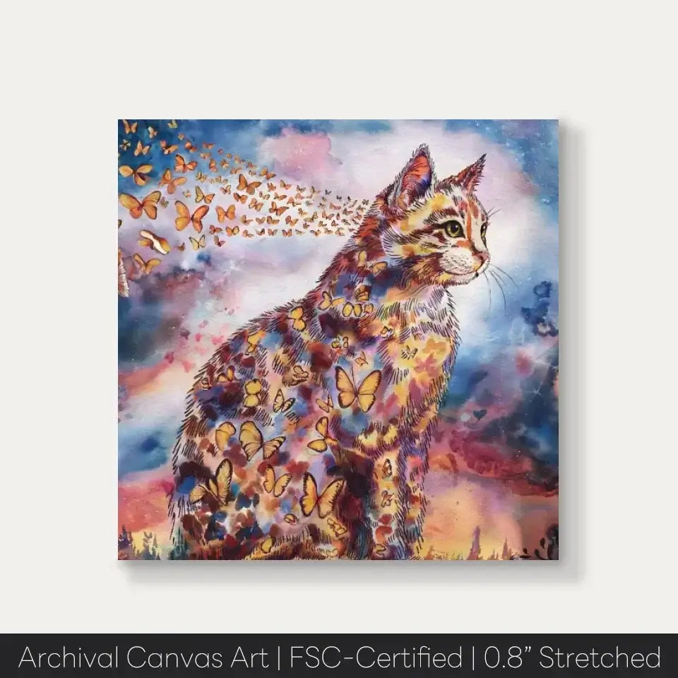 American Shorthair cat watercolor painting on canvas with butterflies, from Wings of Life Series, showcasing serene elegance and movement.