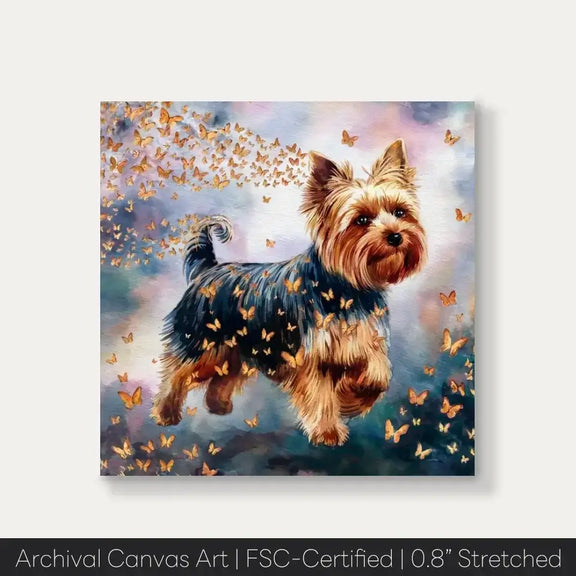 Yorkshire Terrier watercolor portrait canvas with butterflies, capturing elegance and playfulness in soft colors for home decor.