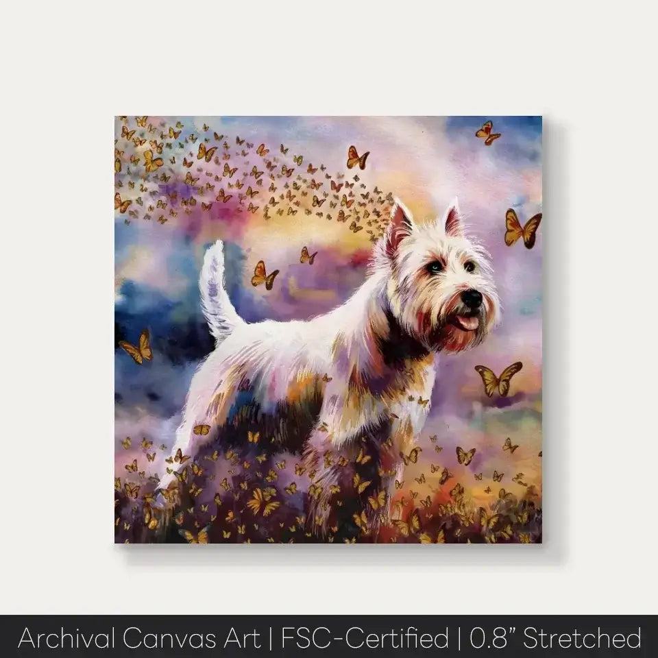 West Highland White Terrier watercolor canvas with butterflies, Wings of Life Series, adding charm and vibrancy to home decor.